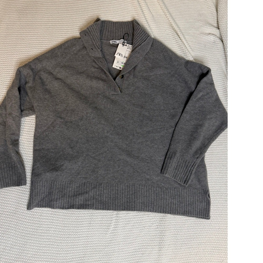 Zara Man Grey Knit Button High Neck Sweater Marl Long Sleeve Pullover L